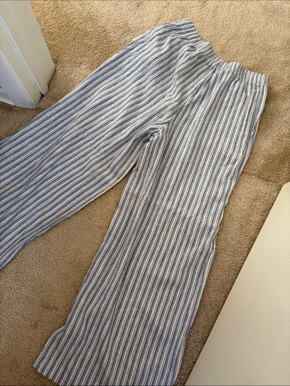 Striped Lightweight Linen-Blend Wide Leg Pants - Blue & White